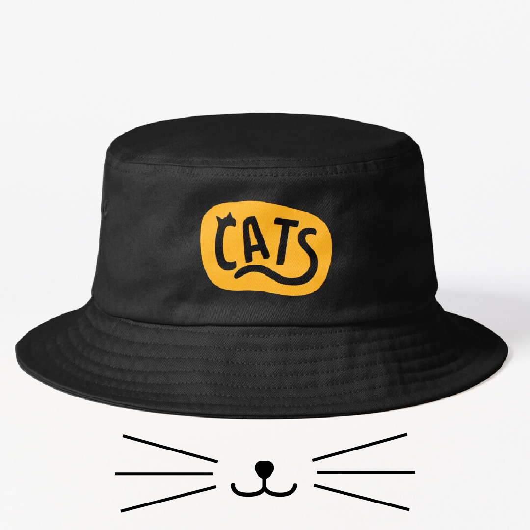 Bucket hat with cats design on it and cat face below it.