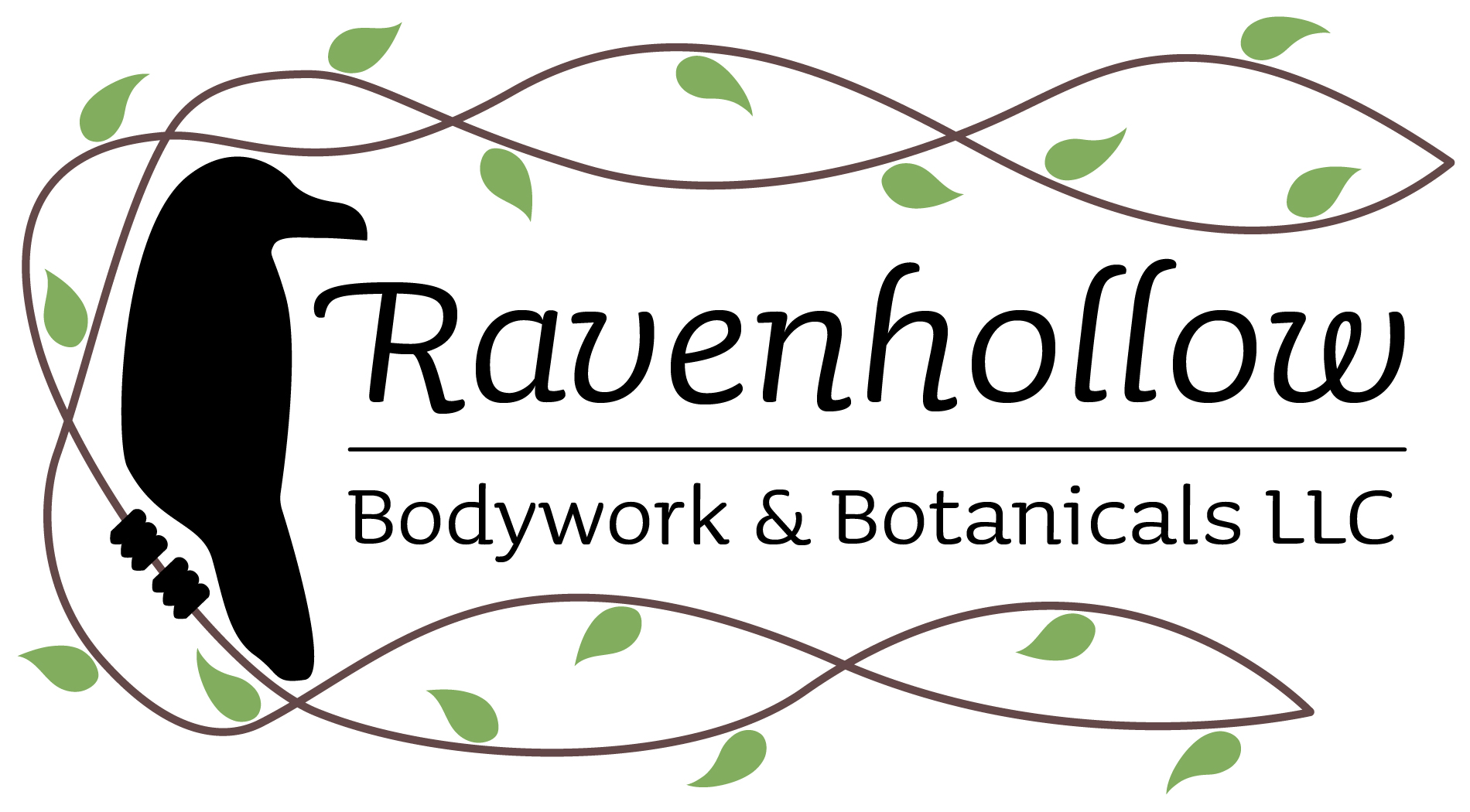 Ravenhollow Bodywork & Botanicals logo with raven and vine.