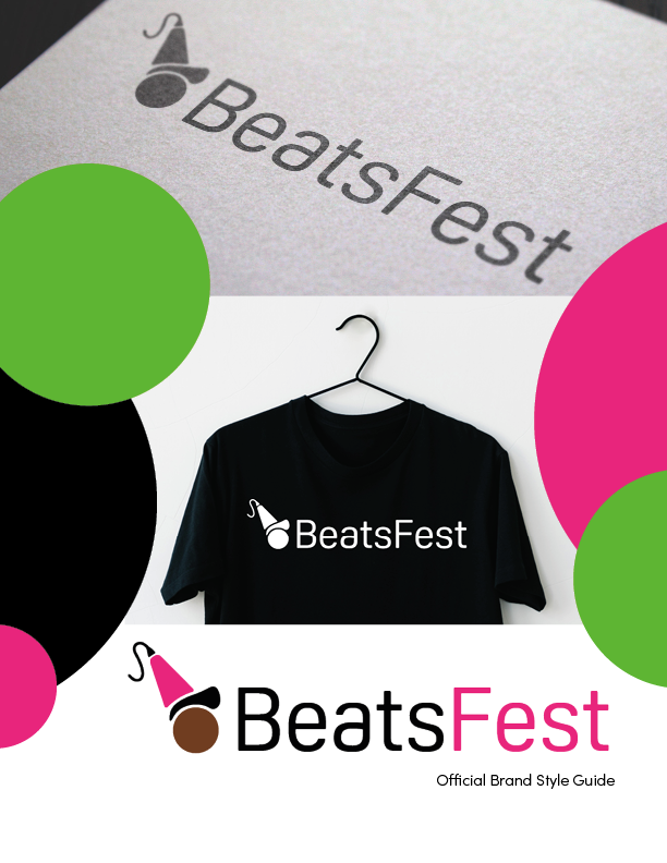 BeatsFest style guide cover page, with mockups of logo on a document and a t-shirt, the logo itself, and circular shapes.