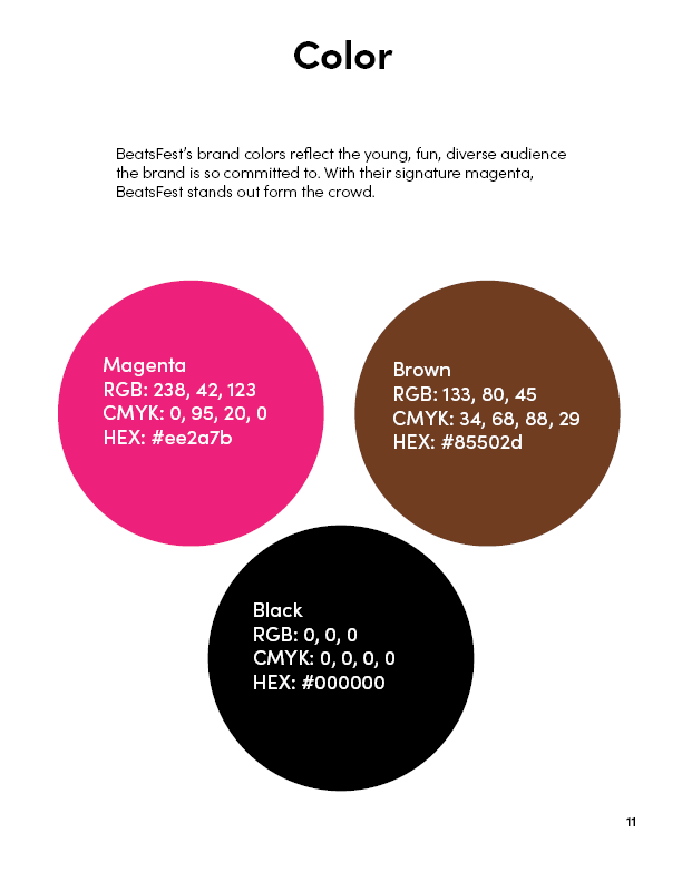 Colors of logo and brand for BeatsFest, including hex codes, CMYK, and RGB color codes.