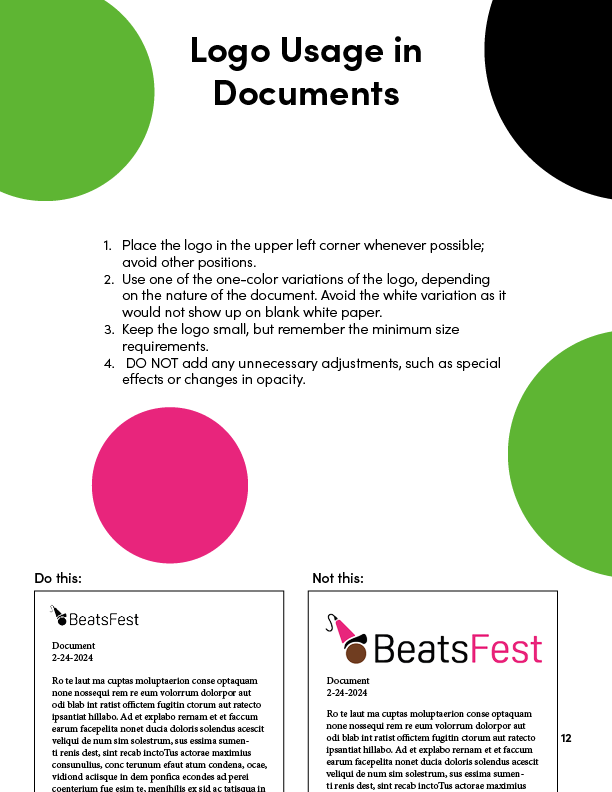Guidelines for how to place the BeatsFest logo in documents.