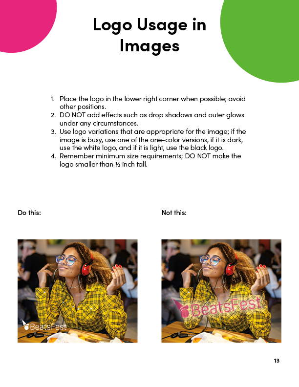 Guidelines for how to place the BeatsFest logo in images, with examples.