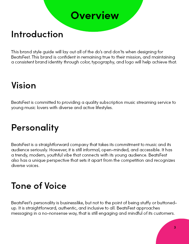 BeatsFest style guide introduction, and vision, personality, and tone of voice of the brand.