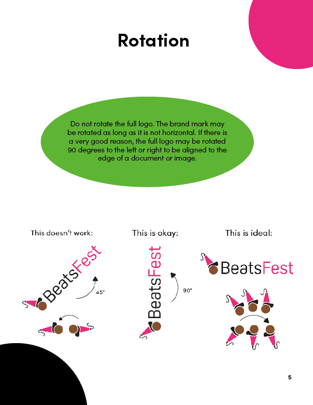 Rotation guidelines for the BeatsFest logo, with a graphic showing which orientations are acceptable.