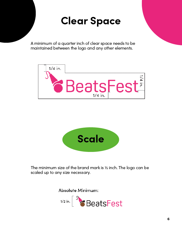 Clear space and scale guidelines for the BeatsFest logo, with graphics showing minimum size and amount of clear space.