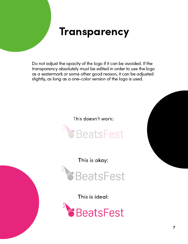 Transparency guidelines for the BeatsFest logos, with images showing which opacity is acceptable.