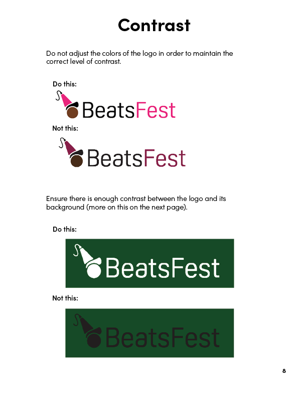 Contrast guidelines for the BeatsFest logo, with images showing acceptable color contrast between logo elements and the logo and its background.