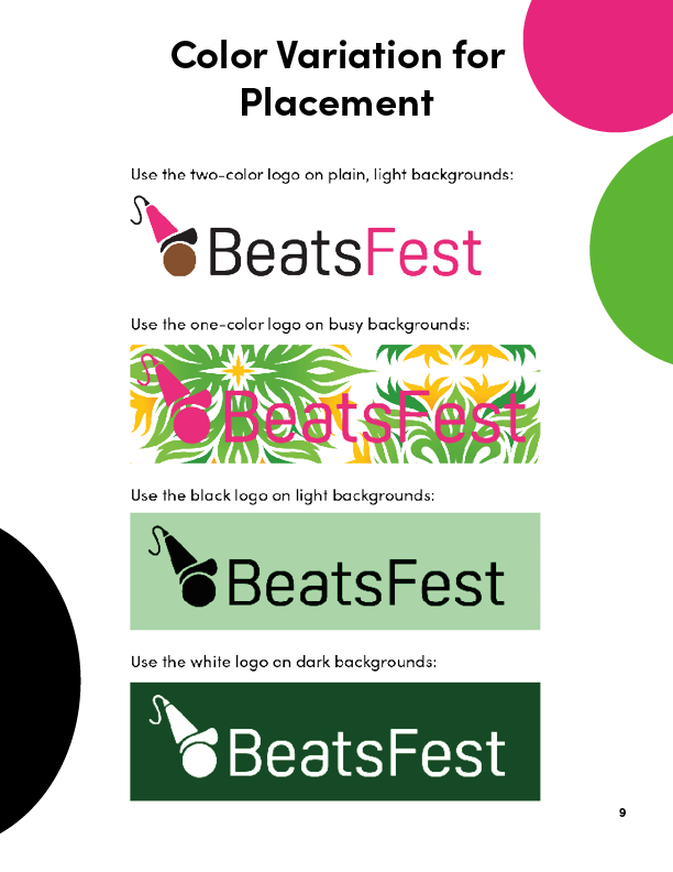 Guidelines for the BeatsFest logo regarding which color logo to use for different colored backgrounds to ensure necessary contrast.