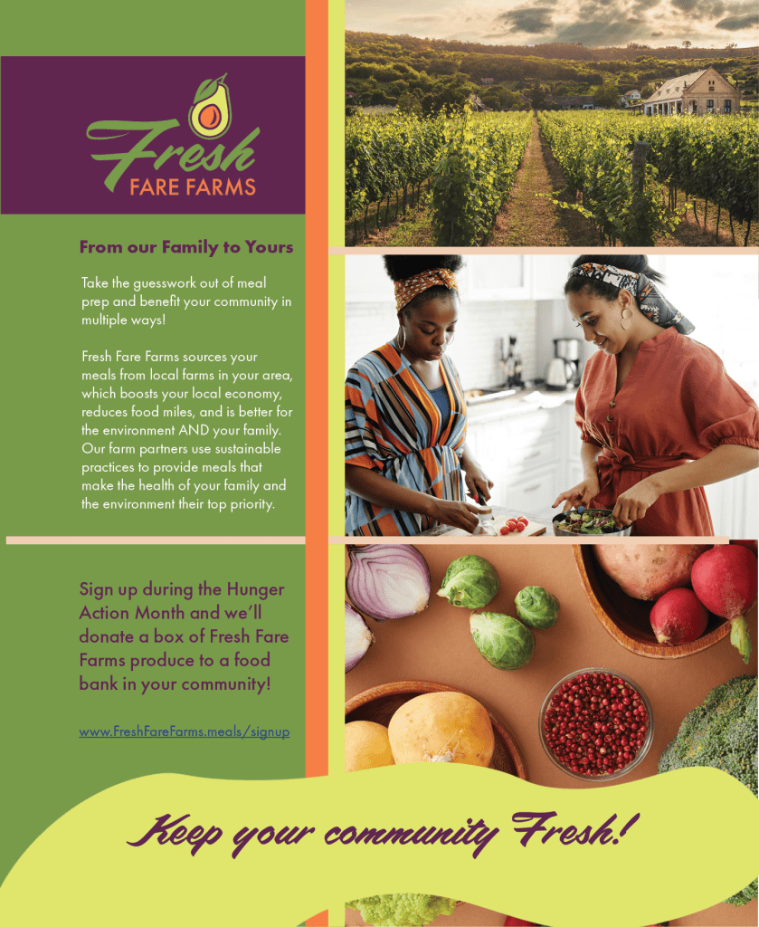 Magazine advertisement for Fresh Fare Farms, a meal delivery service, with photos of ingredients, crops, and women cooking, as well as info on charitable contributions.