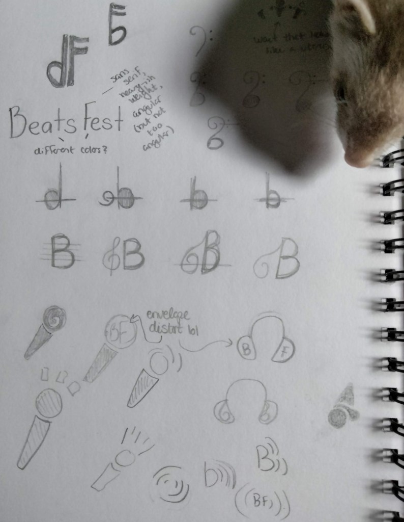 Pencil sketches drawn during the brainstorming stage of the BeatsFest logo, with variations on music notes, microphones, headphones, the letter 'B' (and a ferret peeking out in the corner!).