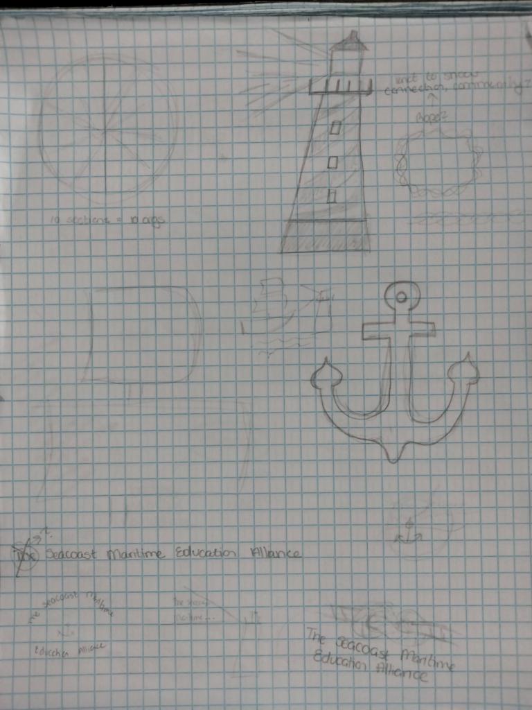 Pencil sketches on graph paper for SMEA logo, including an anchor, a lighthouse, and a sail.
