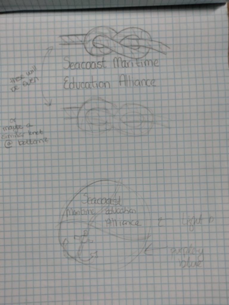 Pencil sketches for SMEA logo brainstorm, including an anchor and knots.