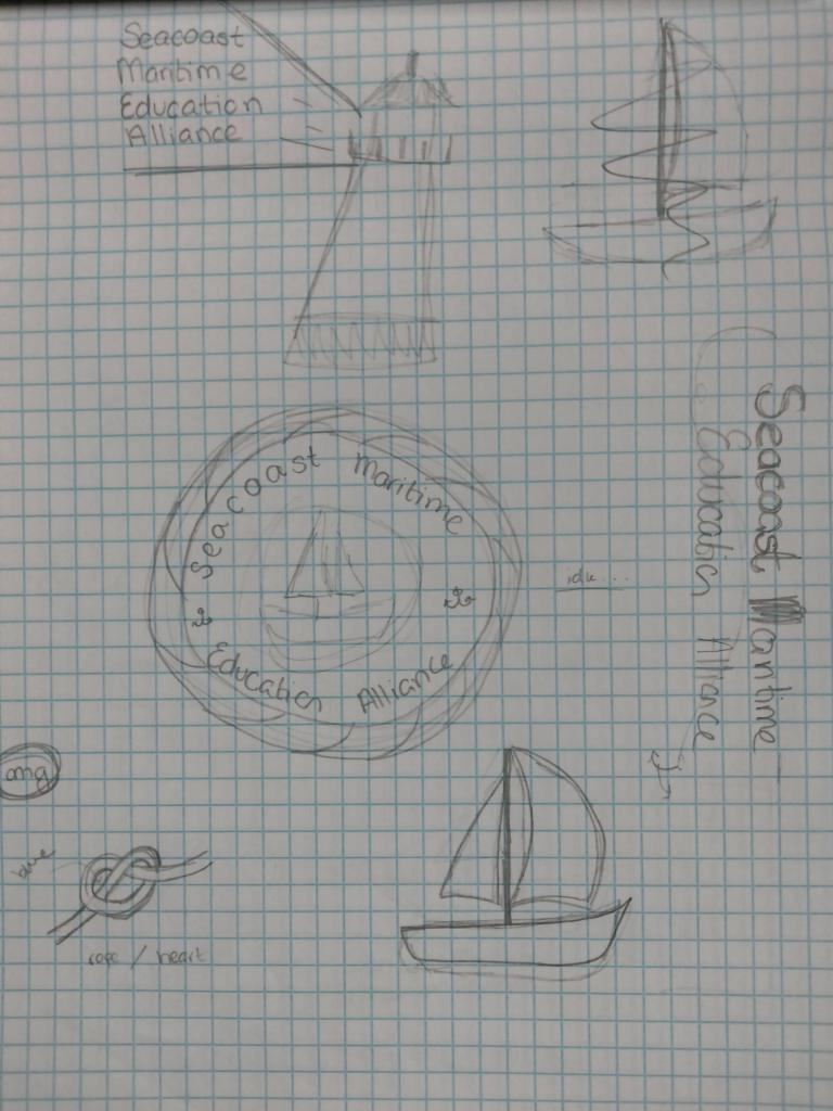 Sailboat and lighthouse sketches for SMEA logo brainstorming phase.