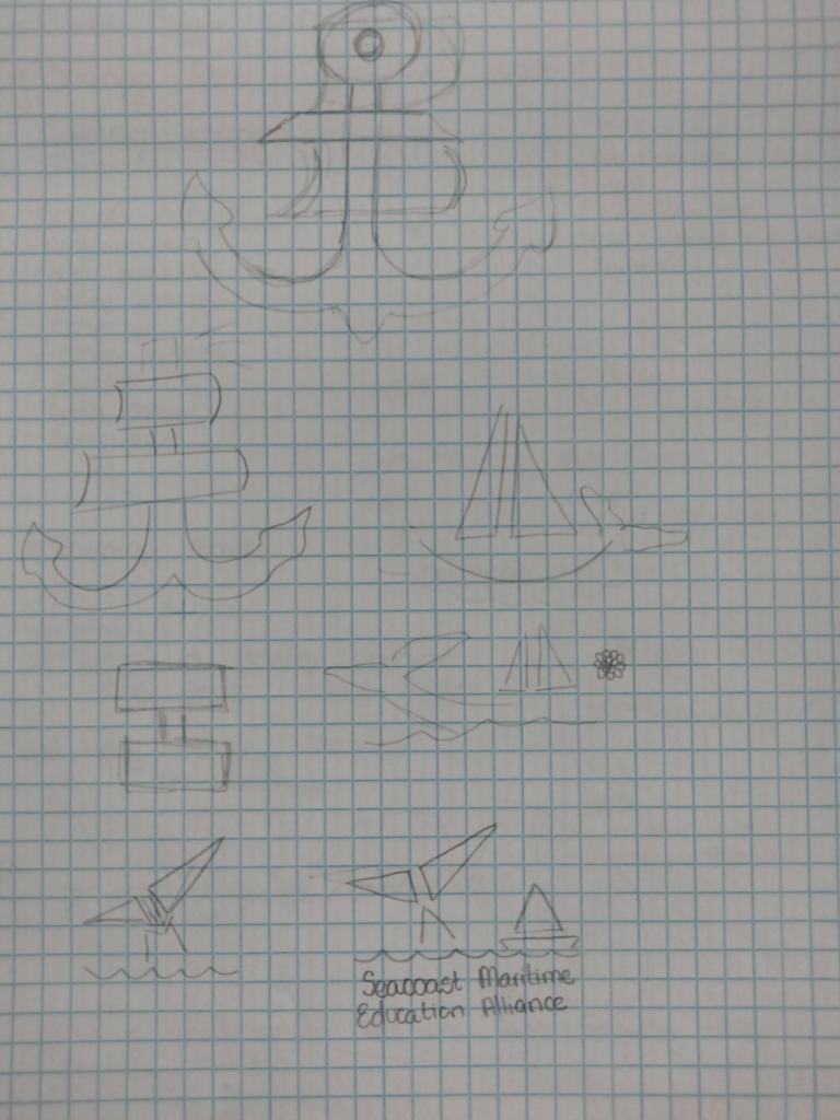 Anchor, whale tail, and sailboat pencil sketches on graph paper for SMEA logo.