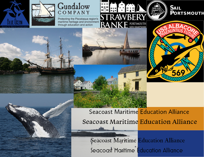 Mood board for SMEA logo, with images of sailboats, a whale, logos for organizations in the alliance, and color scheme ideas.