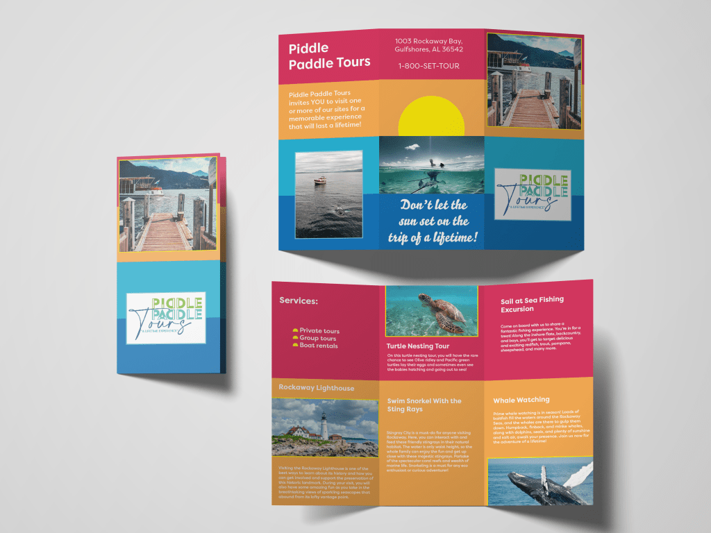 Mockup of Piddle Paddle Tours brochure, with a folded view and front and back of brochure with visible folds.