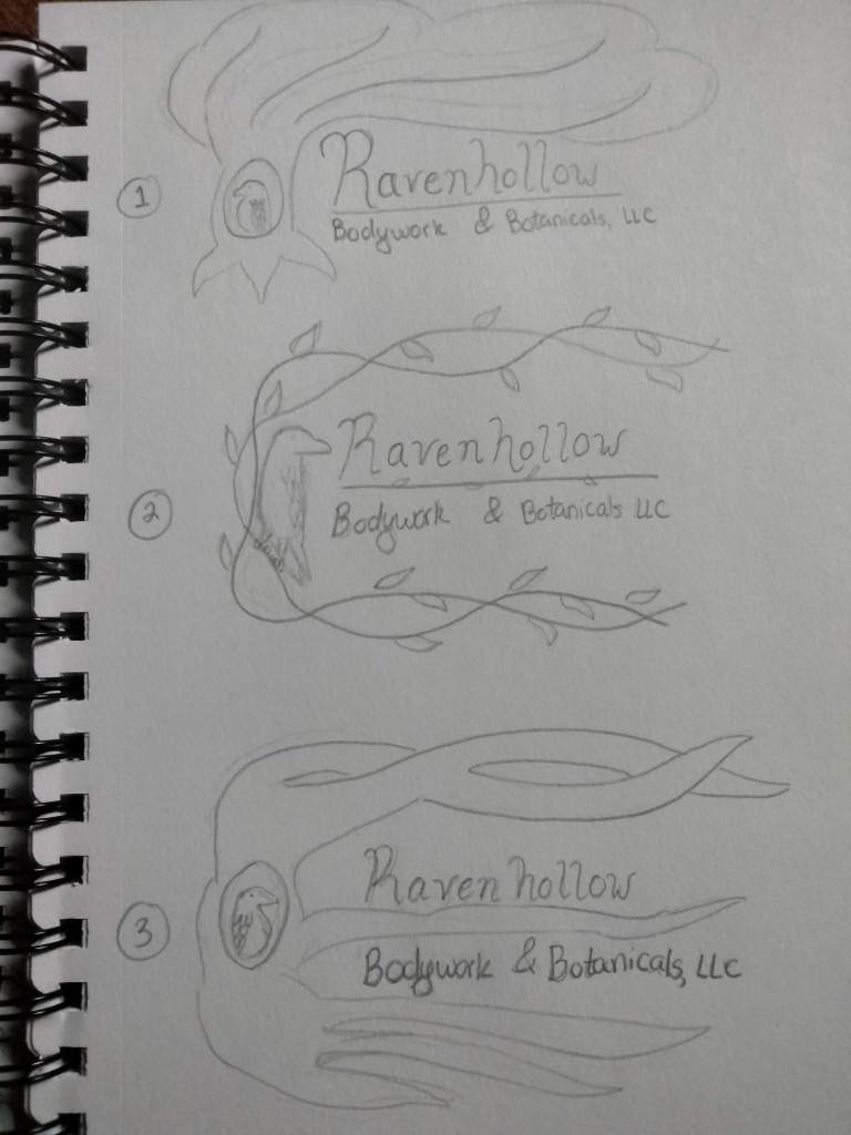 Sketches of Ravenhollow logo with different styles of trees, vines, locations of raven.