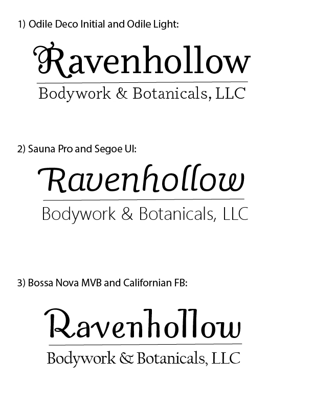 'Ravenhollow Bodywork & Botanicals, LLC in three different typefaces.