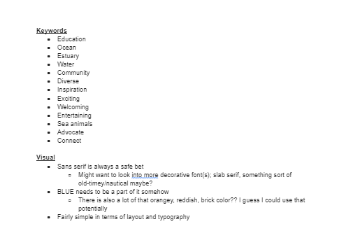 Screenshot of research on organizations in the Seacoast Maritime Education Alliance, including keywords like 'community' and 'welcoming,' and notes on visuals like common fonts and colors.