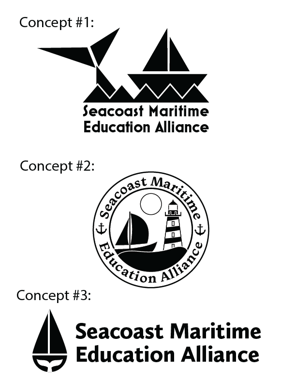 Seacoast Maritime Education Alliance logo concepts; the first has a whale tail and sailboat with waves in triangular shapes, the second has a sailboat and lighthouse in the center of a circle with the organization name, and the third has a logomark with a whale tail silhouette against a sailboat in a waterdrop shape.