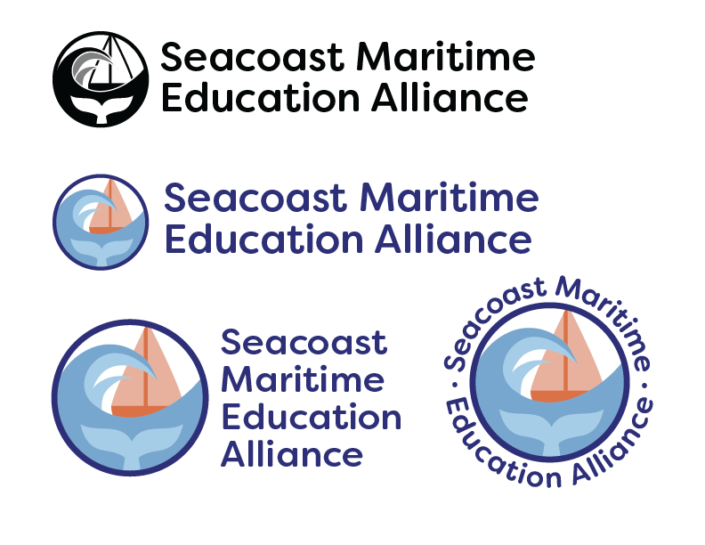 Vertical and circular versions of the Seacoast Maritime Education Alliance logo with wave, whale tail, and sailboat in black and white and in color