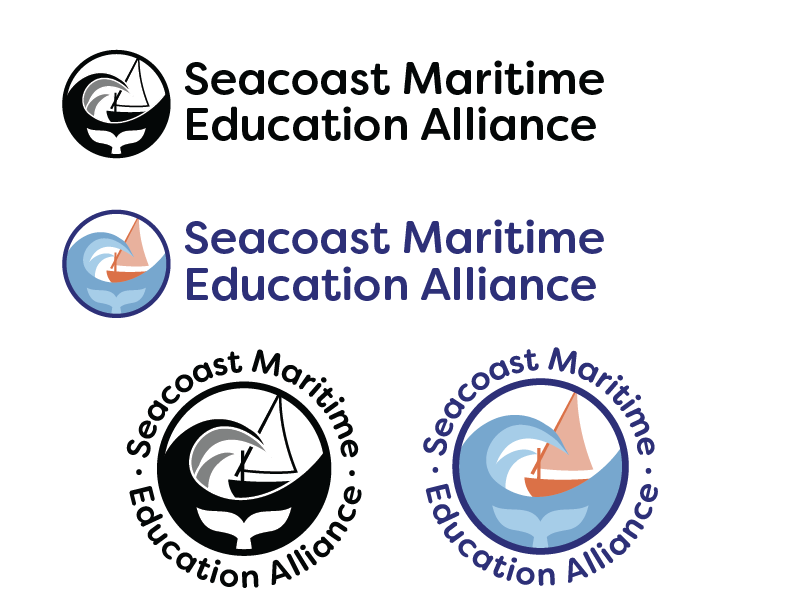 Black and white and color versions of both circular and horizontal versions of Seacoast Maritime Education Alliance logo with gundalow sailboat, whale tail, wave.